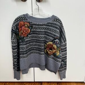 Pilcro by Anthropologie Small Wool Floral Embroidered Gray/Blue Sweater
